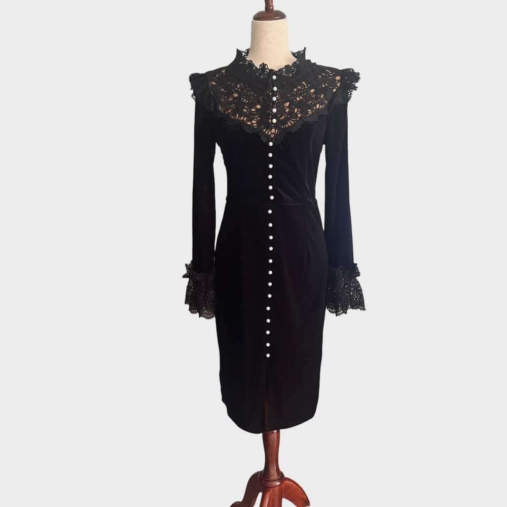 Dalia MacPhee Black Velvet Lace Pearl Button Midi Dress M Whimsigoth Goth Witchy